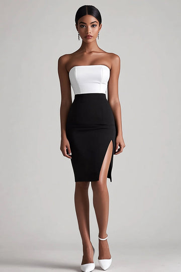 Black and White Satin Bodycon Midi Graduation Dress with Slit